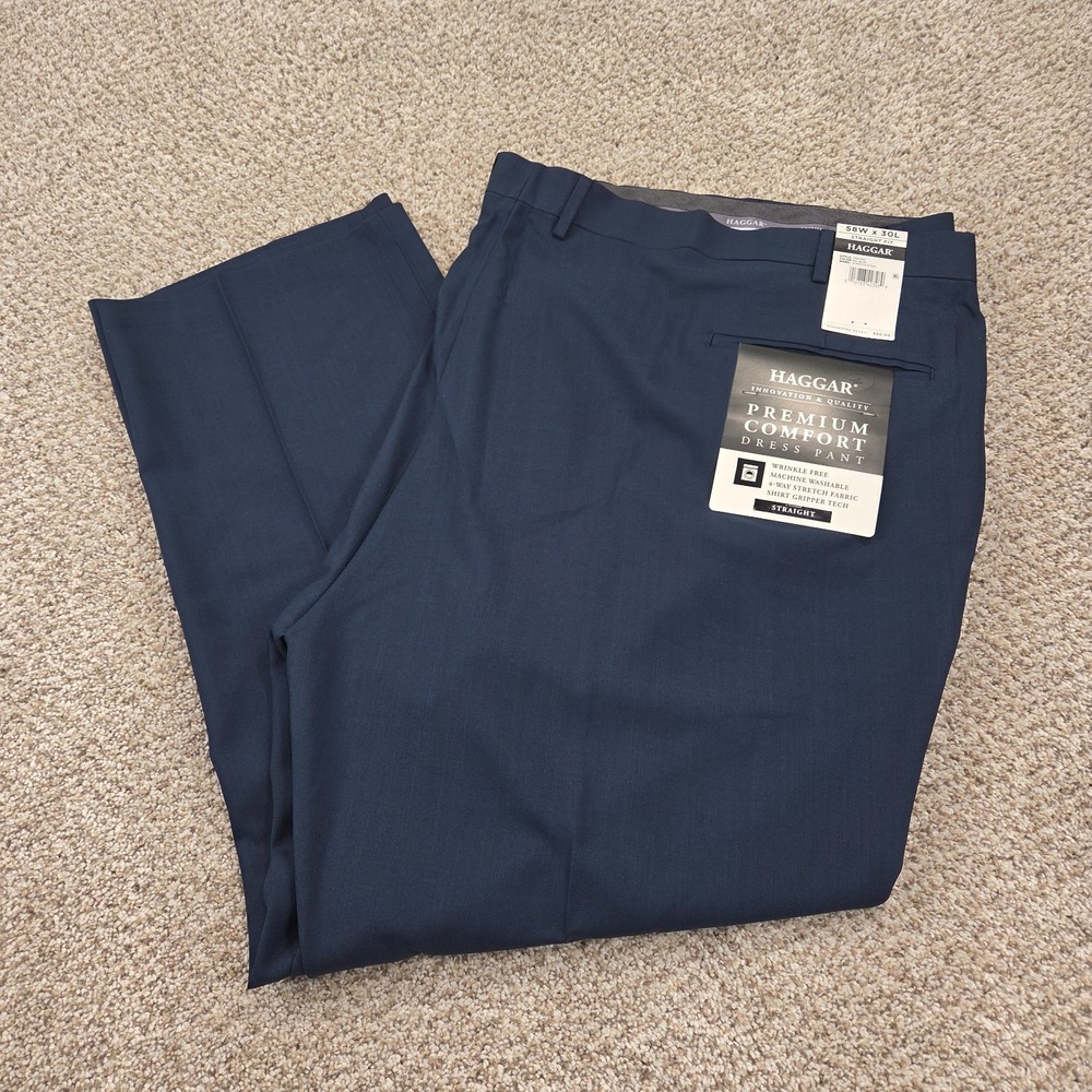 NEW - Haggar Stretch Stria Dress Pants Mens 58x30 Straight Fit Blue Flex Waist